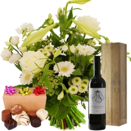 Pick bouquet + wine + chocolate (Fathers Day white picking bouquet + Marques Red wine + 300 grams of chocolates)
